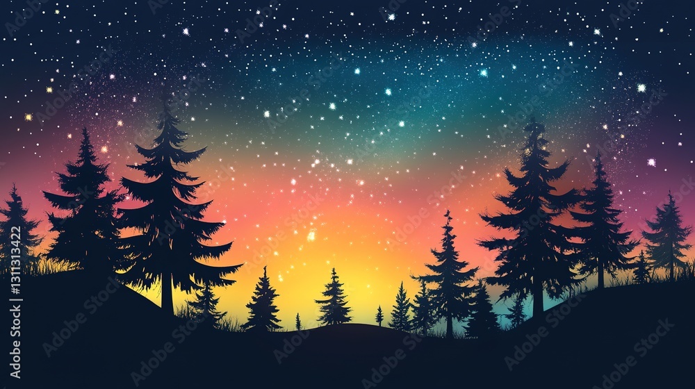 Naklejka premium Landscape with aurora borealis in the night sky illustration 