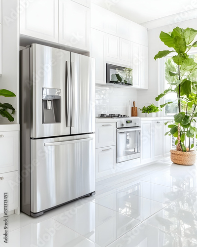 Wallpaper Mural Refrigerator in bright, white kitchen with tile floor and plants near window Torontodigital.ca