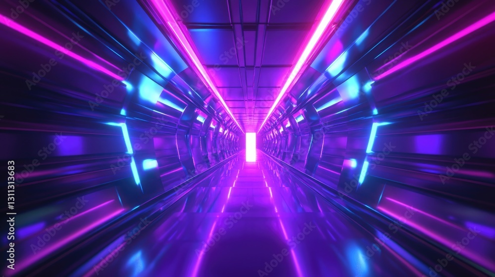 Fototapeta premium A futuristic tunnel with neon lights leads to an exit