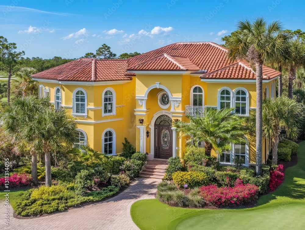 A charming yellow house with a red tile roof is surrounded by palm trees A charming yellow house with a red tile roof is surrounded by palm trees