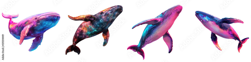 Obraz premium Mesmerizing digital of fantastical marine creatures swimming through a vibrant psychedelic ocean landscape in shimmering hues of blue pink and orange Captivating abstract and surreal aquatic art