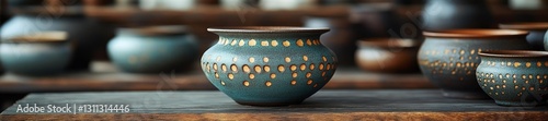 Handcrafted Pottery Bowls with Unique Blue Patterns. Generative AI