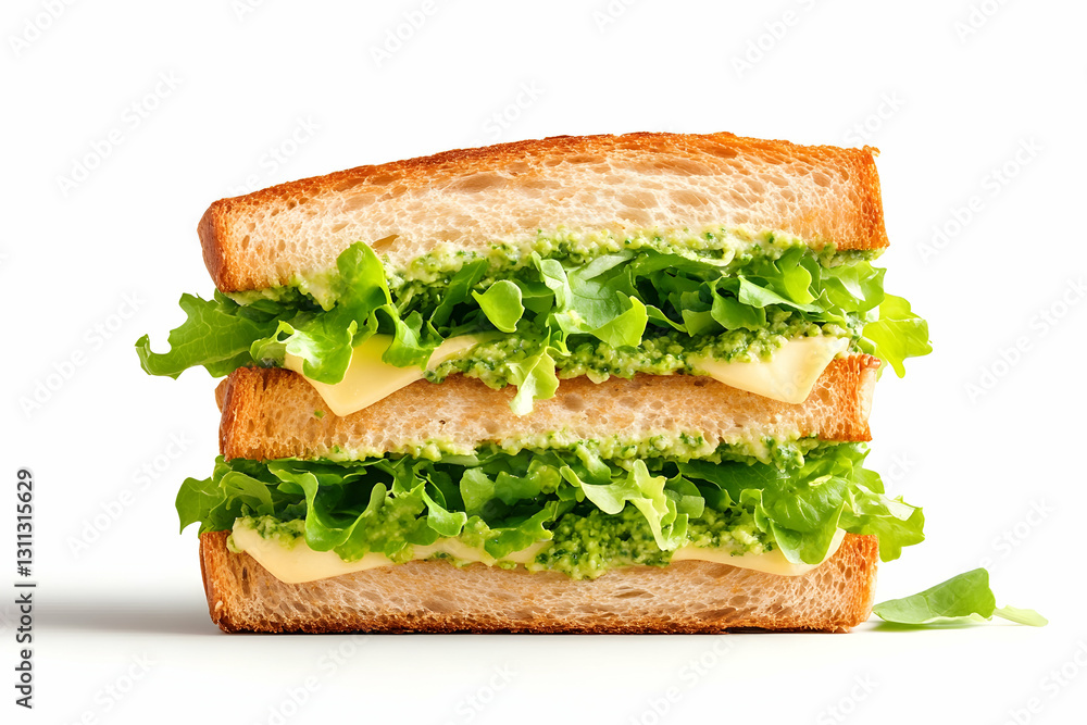 Sandwich stacked with greens and cheese on a white surface, isolated Sandwich stacked with greens and cheese on a white surface, isolated