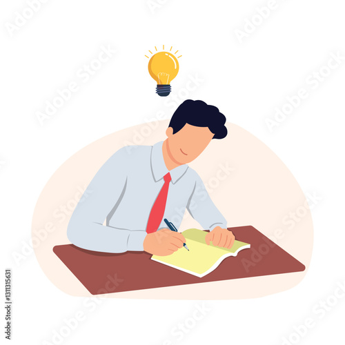 Male student to study. Young man thinking and writing with papers and pens. Student sitting on chair at school, imagining and creating. Vector illustrations.