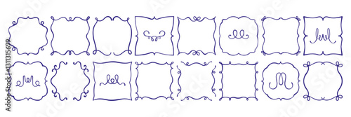 hand drawn outline frame set. square, circle shape antique borders with curl, loop, wave, bow