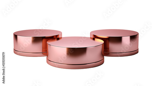 3D rendering of three round podiums in rose gold color, isolated on transparent background