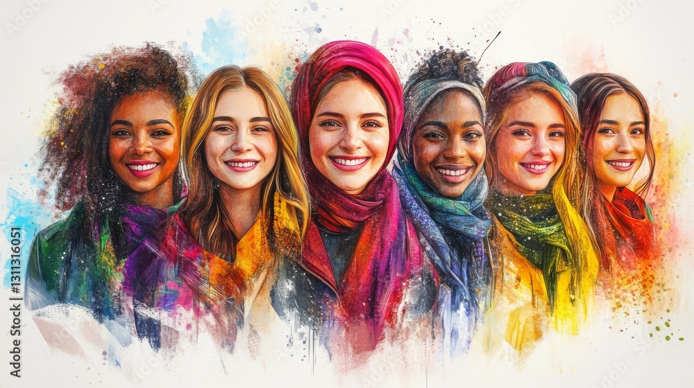 A vibrant portrayal of women from various cultural backgrounds, each smiling warmly A vibrant portrayal of women from various cultural backgrounds, each smiling warmly