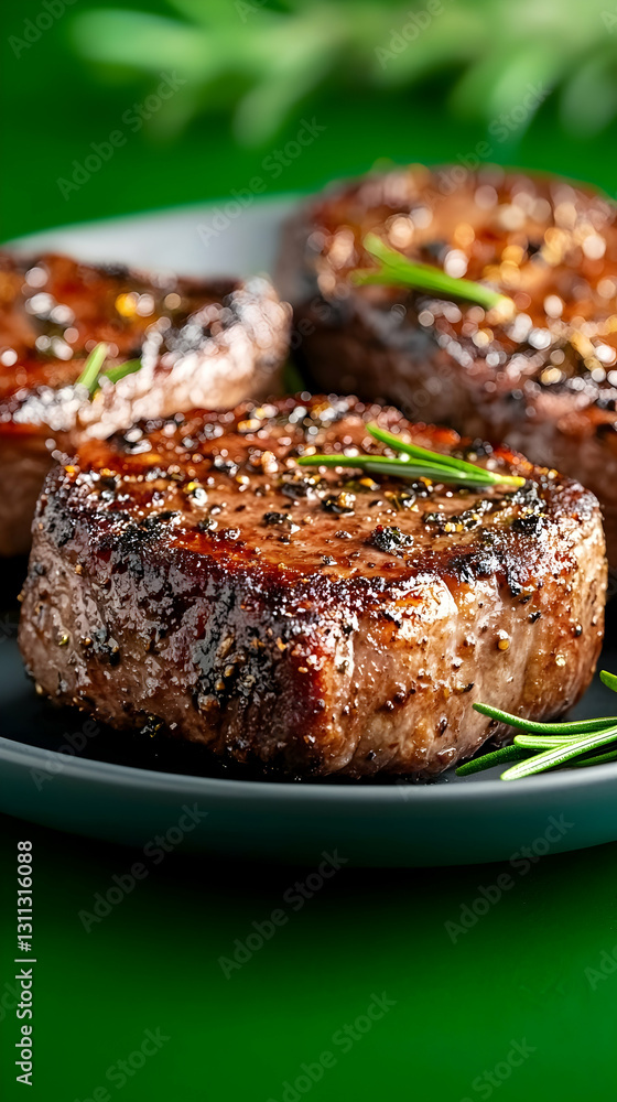 Seared steaks on black plate with rosemary sprigs, green background Seared steaks on black plate with rosemary sprigs, green background