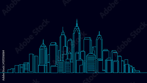 Modern city skyline buildings. Skyscrapers urban landscape. Architecture real estate business branding. One line art minimal drawing dark blue background vector illustration