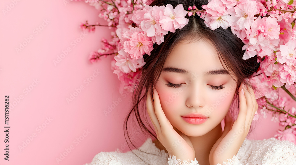 Naklejka premium Serene girl, cherry blossom crown, pink backdrop, beauty