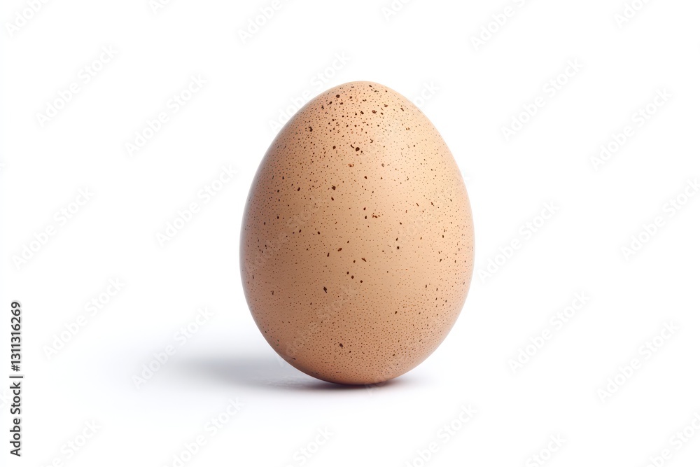 A single fresh farm egg with a slightly speckled shell, ultra-detailed texture, isolated in the center of a bright white space A single fresh farm egg with a slightly speckled shell, ultra-detailed texture, isolated in the center of a bright white space