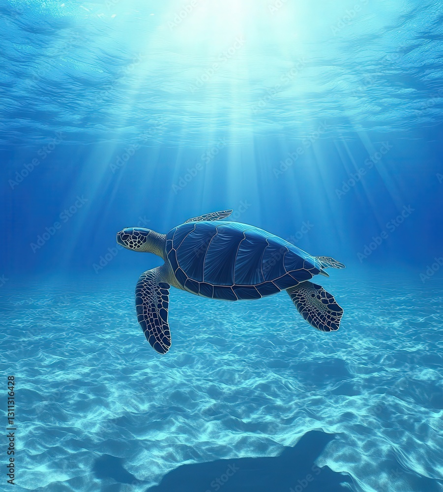 Obraz premium A sea turtle swims gracefully in the ocean next to a rose