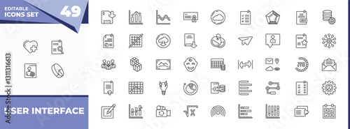 outline icons set - user interface concept. vector icons included add a like, search file and more.