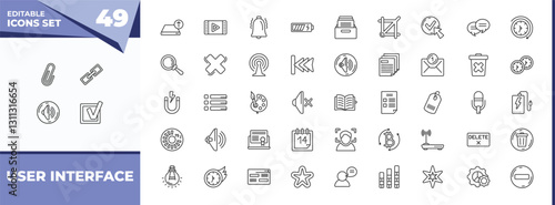 outline icons set - user interface concept. vector icons included shaped paper clip, link button and more.