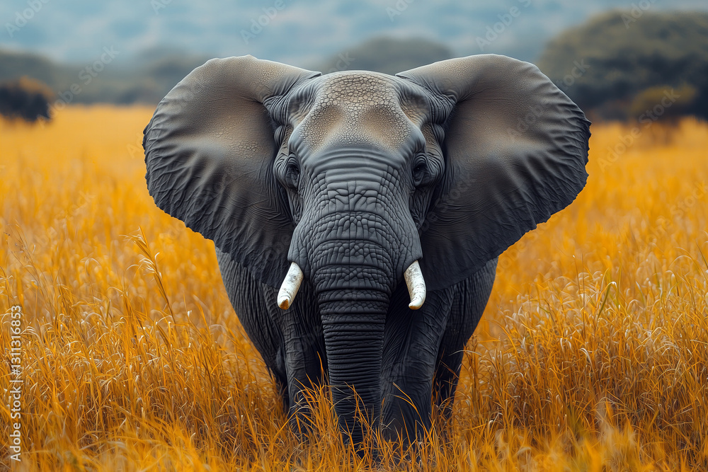 Fototapeta premium Majestic Elephant in Grassy Savannah With Brown Grassland and Lush Green Trees in the Background and Filtered Light With Pixelated Defect
