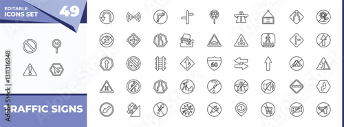 outline icons set - traffic signs concept. vector icons included no waiting, speed limit and more.