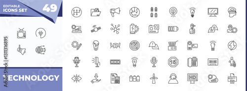 outline icons set - technology concept. vector icons included old television, electrical plug and more.