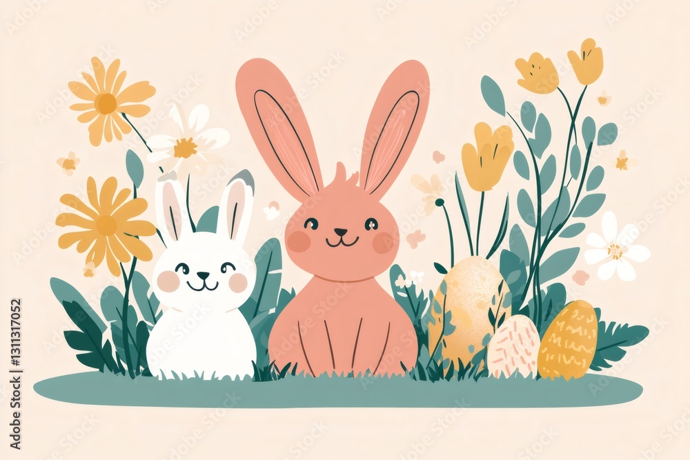 Two easter bunnies sitting in grass with decorated eggs and spring flowers Two easter bunnies sitting in grass with decorated eggs and spring flowers