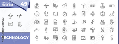 outline icons set - technology concept. vector icons included old mic, hairdressing tools and more.