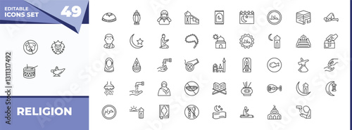outline icons set - religion concept. vector icons included forbidden foods, lion of judah and more.