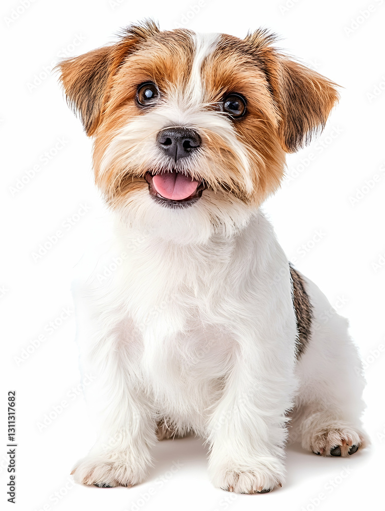 Small happy dog sitting upright, smiling at the viewer in front of white background Small happy dog sitting upright, smiling at the viewer in front of white background
