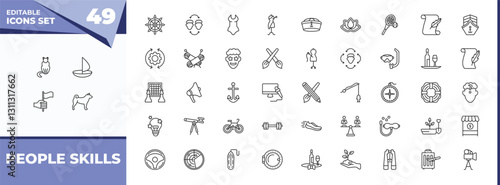 outline icons set - people skills concept. vector icons included ailurophile, round sailboat and more.