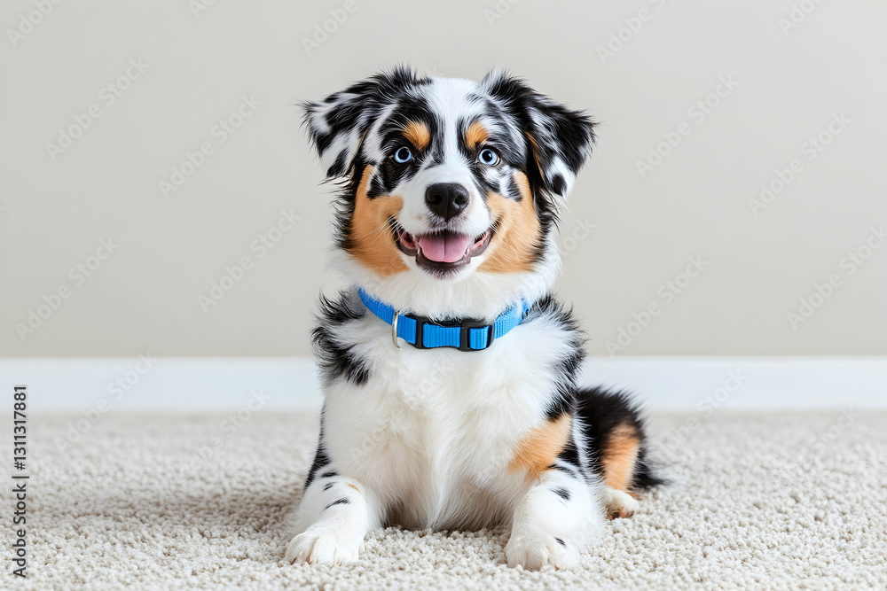 Smiling dog lying down, carpet floor, neutral wall backdrop, looking at the camera Smiling dog lying down, carpet floor, neutral wall backdrop, looking at the camera