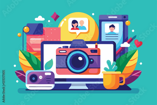 A vibrant digital illustration showcases a camera, computer, and various elements related to photo sharing, Photo sharing Customizable Semi Flat Illustration