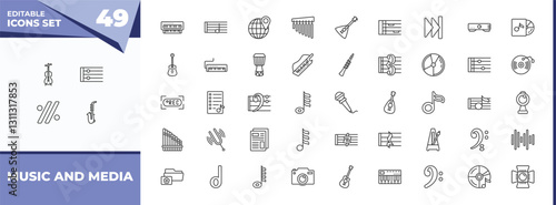 outline icons set - music and media concept. vector icons included cello, repeat and more.