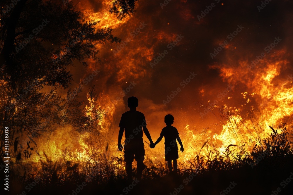 Silhouetted Figures in Danger Amid Intense Forest Fire Flames Silhouetted Figures in Danger Amid Intense Forest Fire Flames
