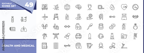 outline icons set - health and medical concept. vector icons included punching bag, stationary bike and more.