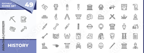 outline icons set - history concept. vector icons included pick, poster and more.
