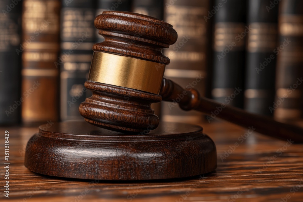 A Close-Up View of a Traditional Wooden Gavel Positioned on a Richly Polished Surface with Law Books in the Background, Reflecting the Authority of Justice and Legal Proceedings A Close-Up View of a Traditional Wooden Gavel Positioned on a Richly Polished Surface with Law Books in the Background, Reflecting the Authority of Justice and Legal Proceedings
