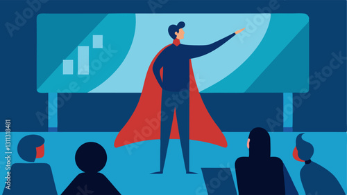 The Great PowerPoint Presentation In this scenario a person stands in front of a large screen displaying a PowerPoint slide arms wide open and face lit with theatrical passion.