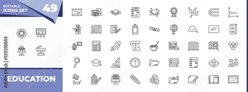 outline icons set - education concept. vector icons included photon, writing whiteboard and more.
