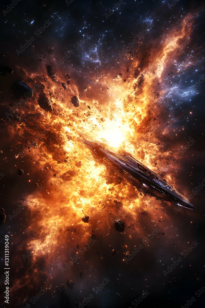 Spaceship explodes in deep space amidst cosmic dust and distant starlight Spaceship explodes in deep space amidst cosmic dust and distant starlight
