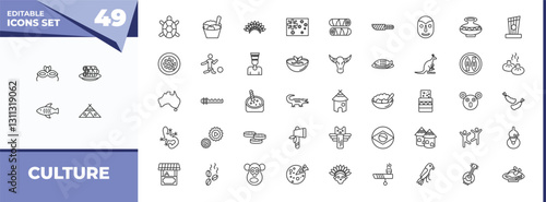 outline icons set - culture concept. vector icons included brazil carnival mask, spring rolls and more.