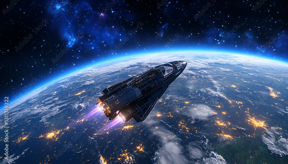 Fototapeta premium Spaceship orbiting Earth at night, city lights visible
