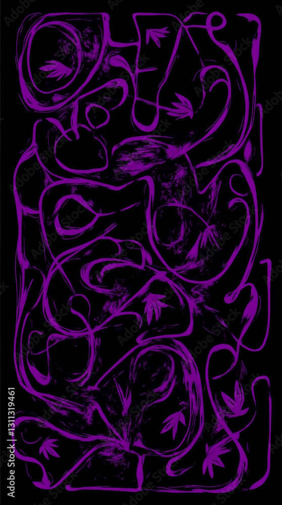 Abstract purple swirling design with leaves on black background Abstract purple swirling design with leaves on black background
