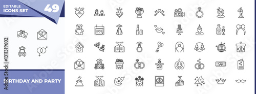 outline icons set - birthday and party concept. vector icons included love padlock, wedding invitation and more.