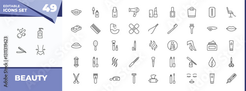 outline icons set - beauty concept. vector icons included foam, shampoo bottle and more.