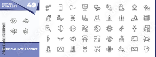 outline icons set - artificial intellegence concept. vector icons included ai brain, cloud intelligence and more.