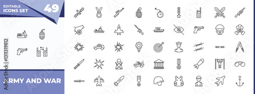 outline icons set - army and war concept. vector icons included ship, whizbang with rong and more.