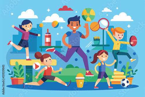 Children are joyfully participating in various physical education activities outside in a colorful environment, Physical education Customizable Flat Illustration