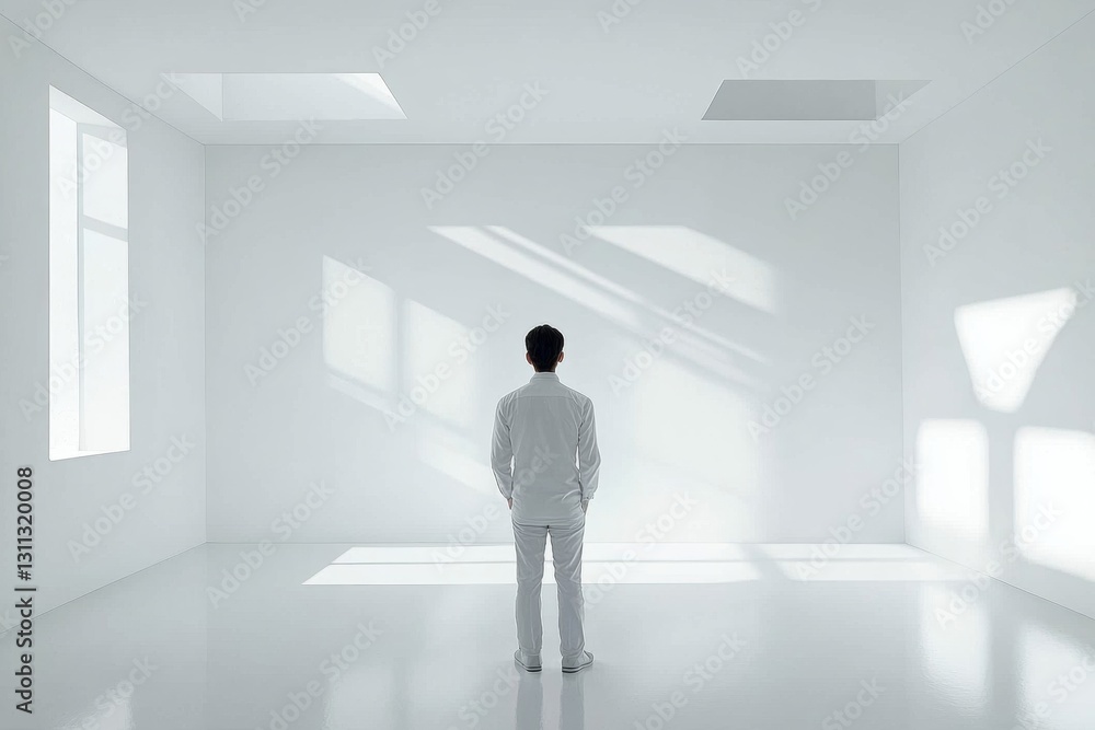 A man stands in a white room with no furniture or decoration A man stands in a white room with no furniture or decoration