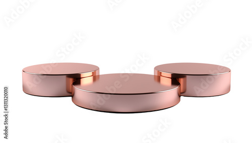 3D rendering of three round podiums in rose gold color, isolated on transparent background