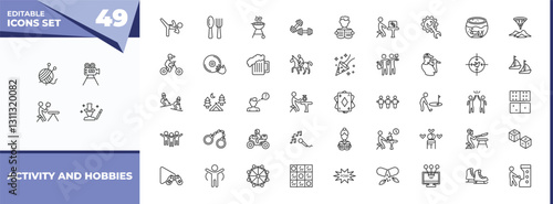 outline icons set - activity and hobbies concept. vector icons included yarn ball, film making and more.