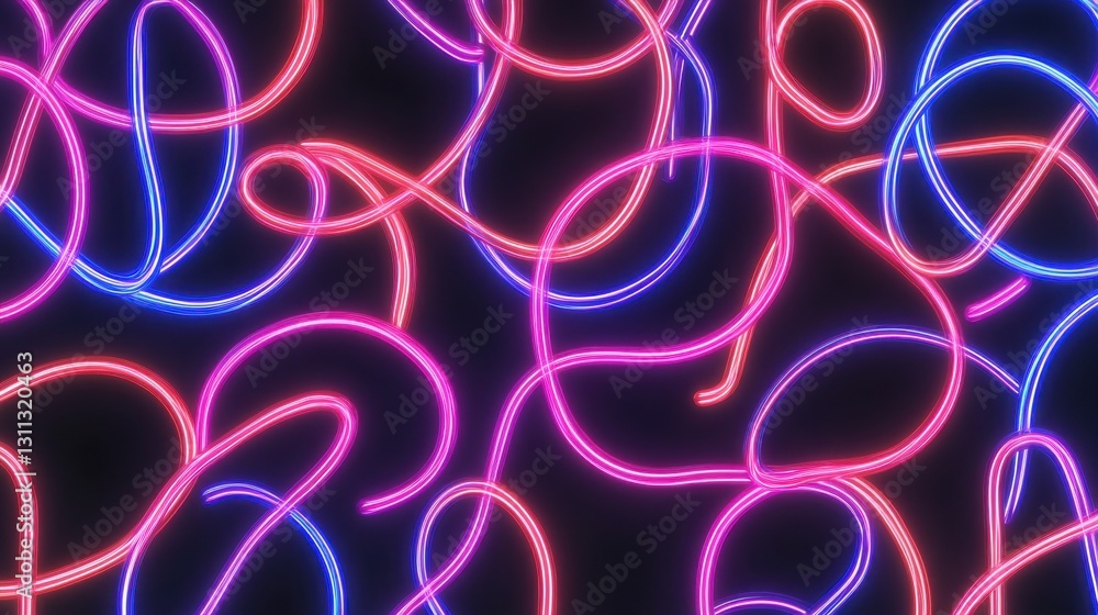 A seamless pattern of neon loops and spirals on a dark background A seamless pattern of neon loops and spirals on a dark background