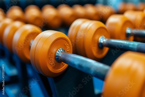 Orange dumbbells row is waiting for bodybuilding training in modern gym