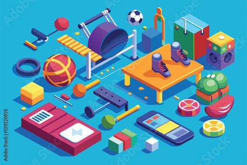 A vibrant illustration showcasing a variety of physical education equipment, emphasizing activity and customization, Physical education Customizable Isometric Illustration